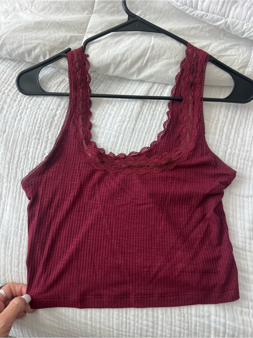 aerie Lace-Trim Ribbed Tank - Wine